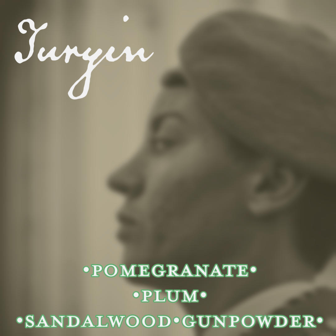 Turyin. Pomegranate, plum, sandalwood, gunpowder. Image depicts a woman wearing a beret and military uniform.
