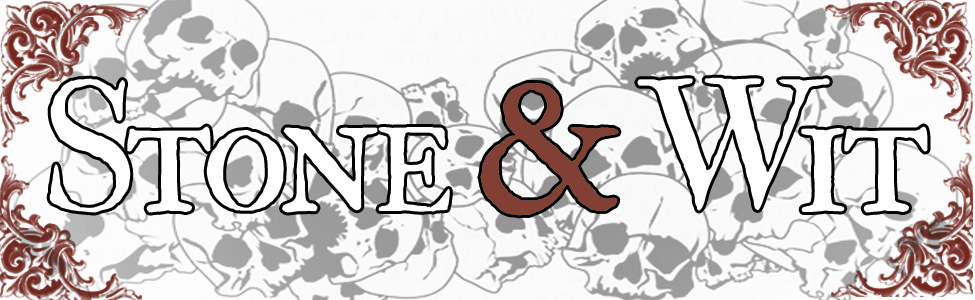 Stone & Wit logo with red filligrees and skulls