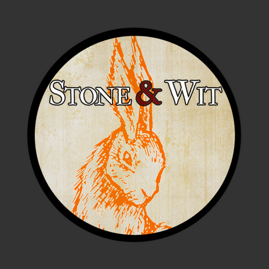 Image shows the Stone & Wit logo over an orange rabbit illustration on a mottled tan background.