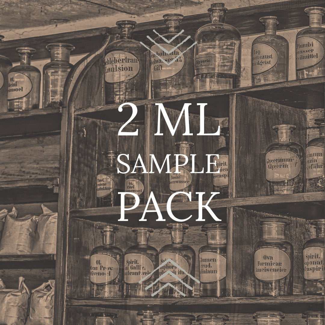 2 ml Sample Pack. An image of an apothecary shelves with various bottles.