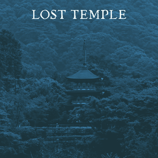 Lost temple. Image depicts a blue and black duotone temple in a forest.
