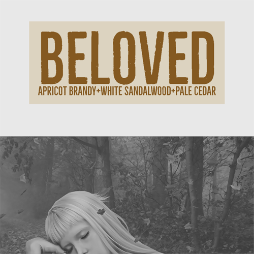 Beloved. Apricot brandy, white sandalwood, pale cedar. The top half of the image is the name of the perfume and the notes on a white background. The bottom half of the image shows an androgynous with blonde hair resting their head on their hand in a forest.