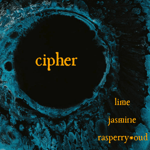 Cipher. Lime, jasmine, rasperry, oud. The picture shows an abstraction of a hole, spatters and splatters around it.