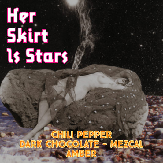 Her Skirt is Stars. Chili pepper, dark chocolate, mezcal, amber. The image shows a collage of a nude woman reclining on a rock with constelllations in the background.