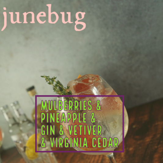 Junebug. Mulberries, pineapple, gin, vetiver, virginia cedar. The image depicts a mixed drink in the foreground on a dark wood table  with a gray wall.
