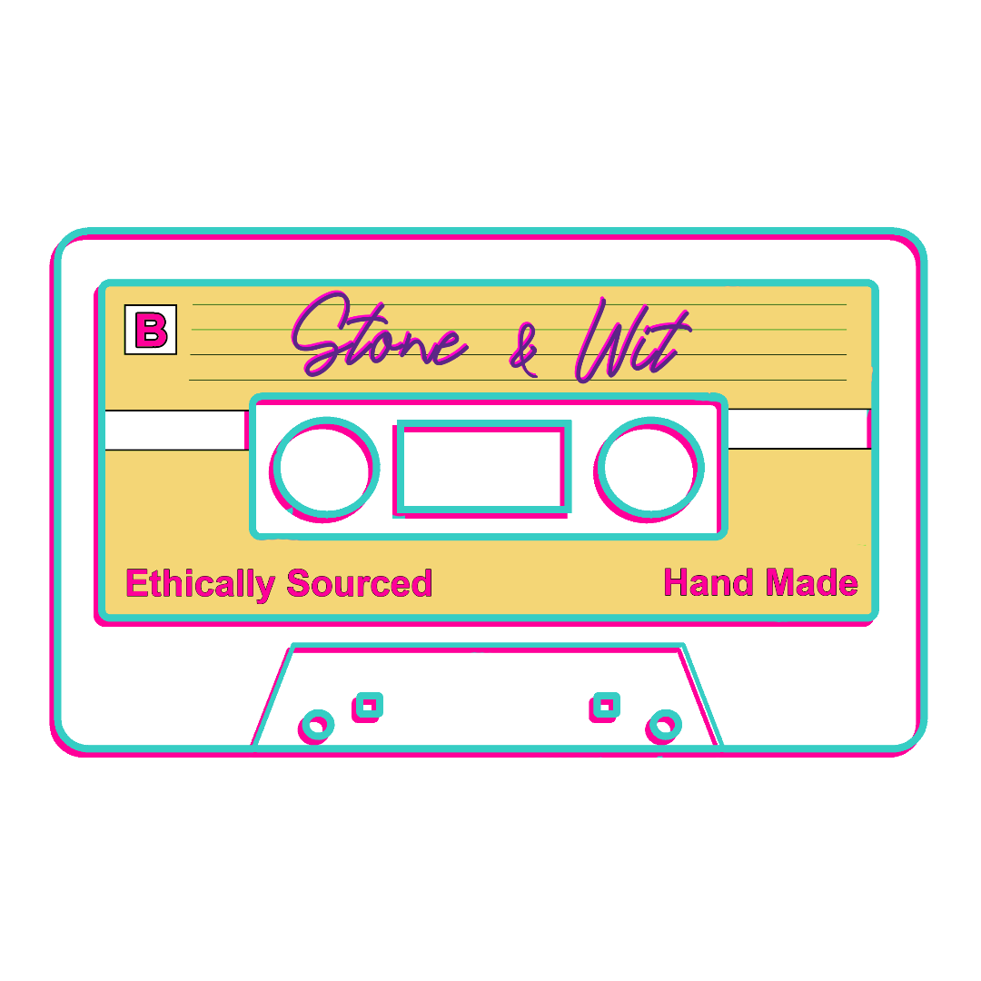 Image shows a cassette tape reading Stone & Wit, ethically sourced, hand made in neon colors.