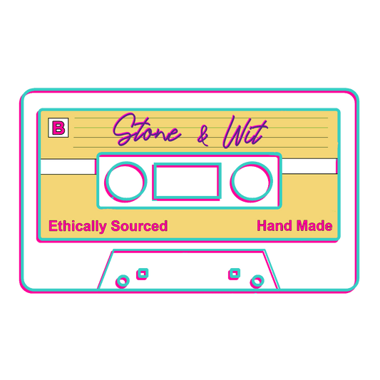 Image shows a cassette tape reading Stone & Wit, ethically sourced, hand made in neon colors.