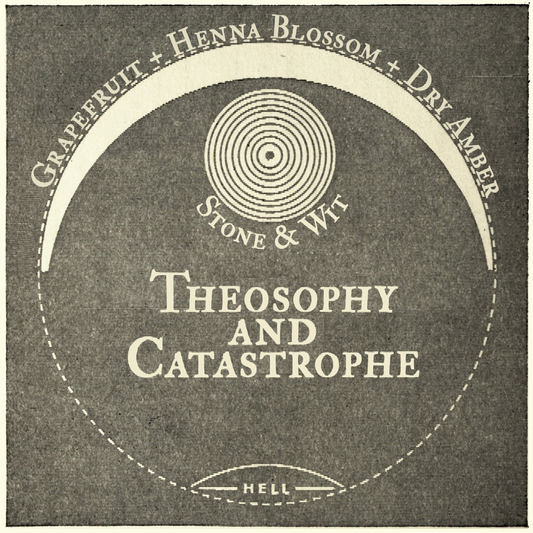 Theosophy & Catastrophe. Grapefruit, henna blossom, dry amber. Image depicts a circle with generic occult symbology.